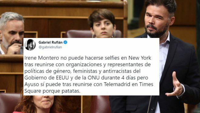 La comparación de Gabriel Rufián sobre el viaje de Irene Montero a Estados Unidos y el de Isabel Díaz Ayuso