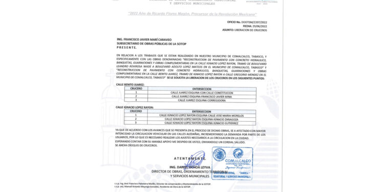 Solicita el Ayuntamiento de Comalcalco a la SOTOP la liberación de algunos cruceros del municipio