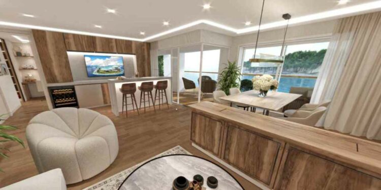 Un render de una de las lujosas viviendas del crucero MV Narrative