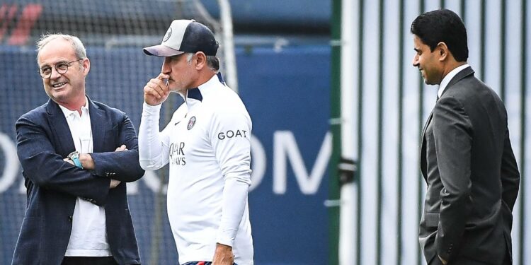 Christophe Galtier, Luis Campos i Nasser Al-Khelaifi, entrenador, director esportiu i president del PSG