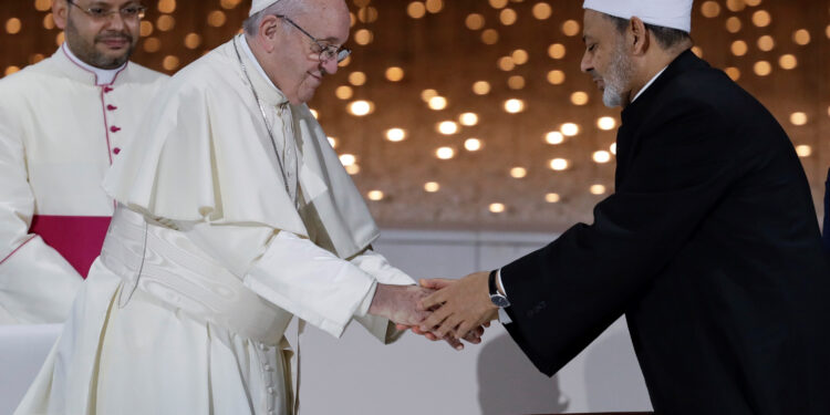 Pope Francis and Sheikh Ahmed el-Tayeb, the grand imam of Egypt's Al-Azhar, after an Interreligious meeting at the Founder's Memorial in Abu Dhabi, United Arab Emirates, Monday, Feb. 4, 2019.   *** Local Caption *** .