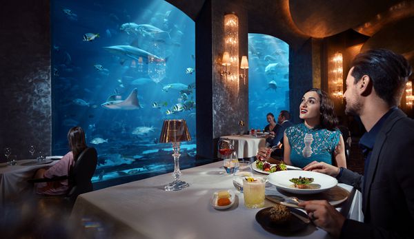 El restaurante Ossiano, ubicado en el mítico Hotel Atlantis, ofrece una experiencia única en la que se marida una carta de estrella Michelin con el placer de degustarla rodeado de fauna marina