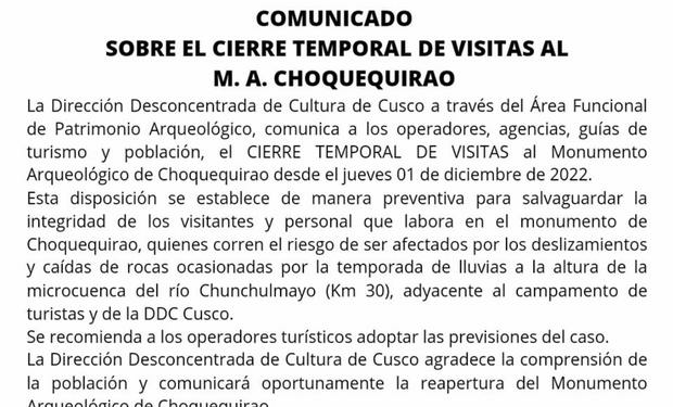Desde el jueves 1 de diciembre se suspenderán temporalmente las visitas al Monumento Arqueológico de Choquequirao. (Foto: FB / Ministerio de Cultura)
