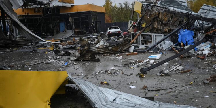 A view shows a gas station destroyed by yesterday's Russian military strike, as Russia's attack on Ukraine continues in Dnipro October 26, 2022.  REUTERS/Mykola Synelnykov