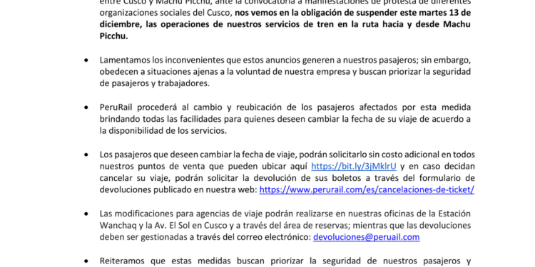 Comunicado oficial de PeruRail.