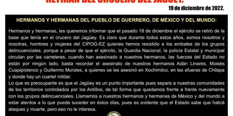 Reclama el CIPOG-EZ que el Ejército retiró la vigilancia en el crucero del Jagüey