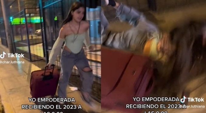 Mujer empieza cábala de la maleta y a los dos segundos se cae: "Se vienen más caídas que viajes"