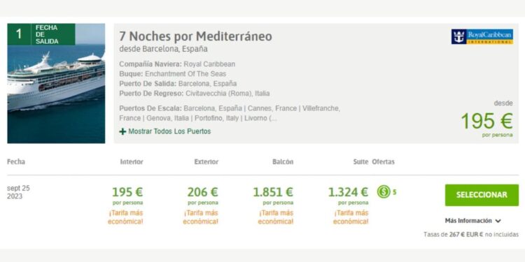 Listado de precios del Crucero por el Mediterráneo de Viajes El Corte Inglés