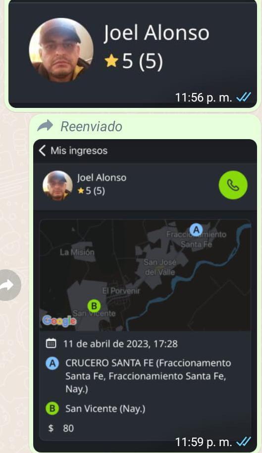 Captura de pantalla con datos de un chofer asaltante