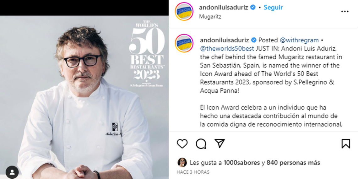 Chef español es galardonado por Worlds 50 Best Restaurants