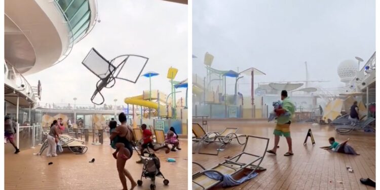 Pasajeros de un crucero de Royal Caribbean buscan refugio de tormenta que hace volar los muebles de cubierta