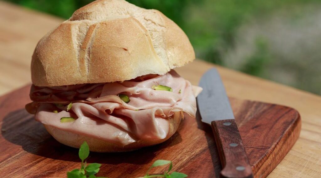 Close up of a Mortadella sandwich, representing the mortadella deli meat recall.