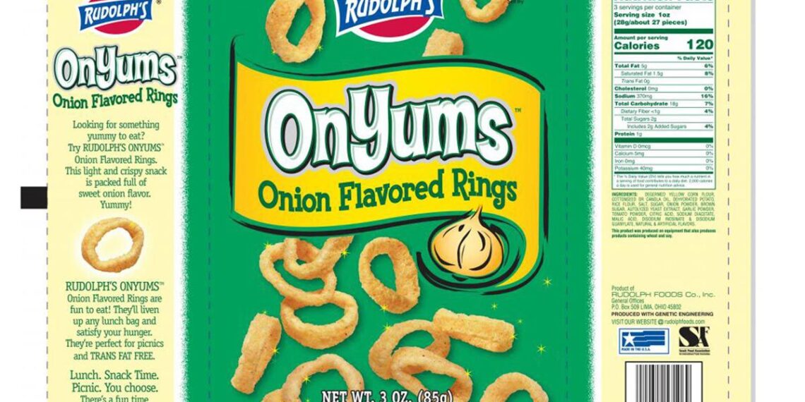 Product photo of recalled onion flavored rings by Rudolph Foods, representing the Dollar Tree OnYum Onion Flavored Rings recall.