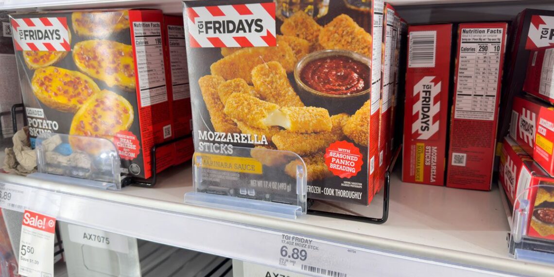 TGI Fridays mozzarella sticks in a grocery store freezer, representing the Inventure Foods settlement.