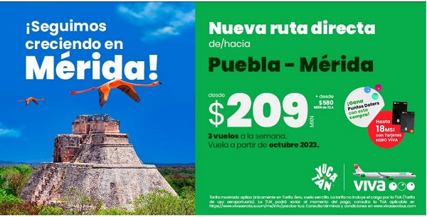 Viva Aerobus presenta su nuva ruta entre Mérida, Yucatán y Puebla de Los Ángeles