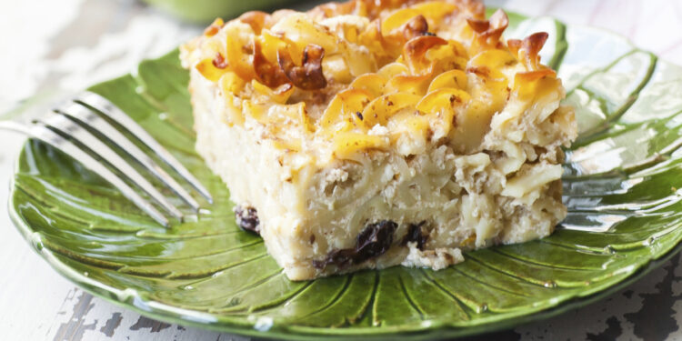 Noodle kugel is a baked casserole often made with potatoes, sour cream and eggs. It is hearty dish that can feed a crowd when breaking your fast after Yom Kippur.