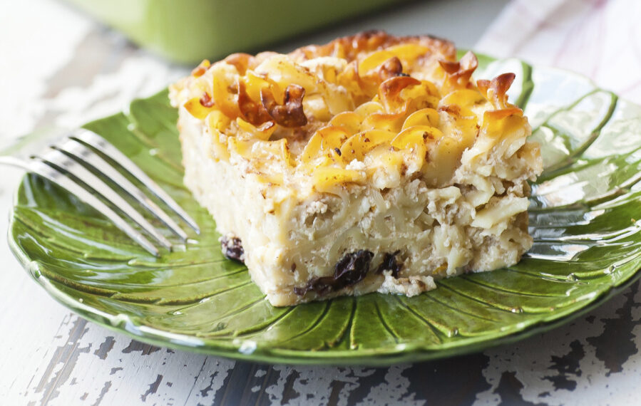Noodle kugel is a baked casserole often made with potatoes, sour cream and eggs. It is hearty dish that can feed a crowd when breaking your fast after Yom Kippur.