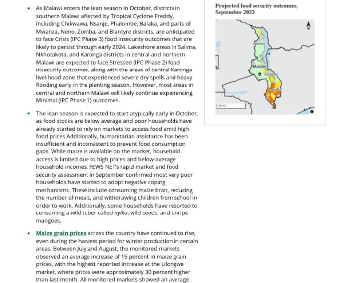 Malawi Key Message Update: Crisis (IPC Phase 3) expected amid high food prices and insufficient assistance, September 2023 - Malawi
