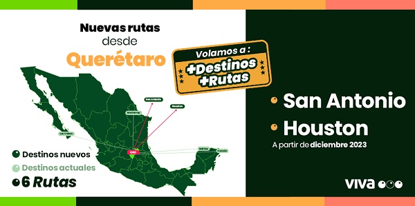  Viva Aerobus fortalece la conectividad internacional de Querétaro, lanza dos nuevas rutas a Houston y San Antonio