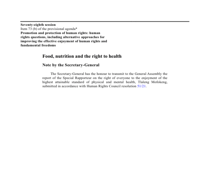 Food, nutrition and the right to health (A/78/185) [EN/AR/RU/ZH] - World