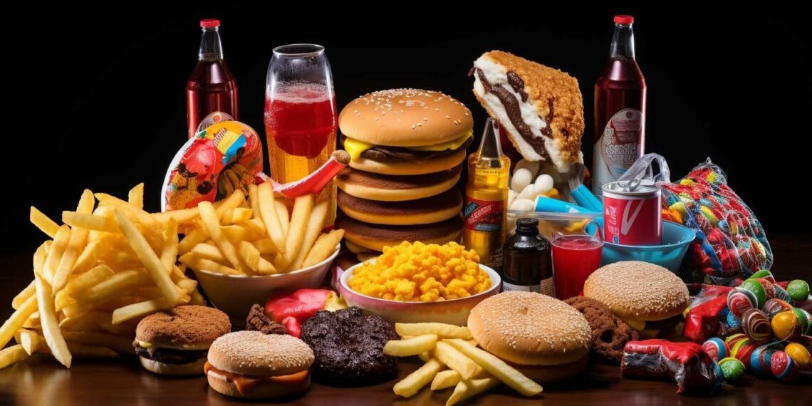 Concept illustration of an assortment of highly processed foods. Image credit: Nicole Smith, made with Midjourney