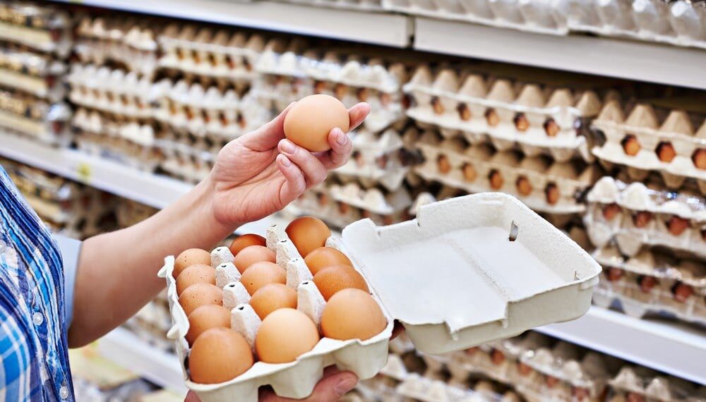 In the hands of a woman packing eggs in the supermarket