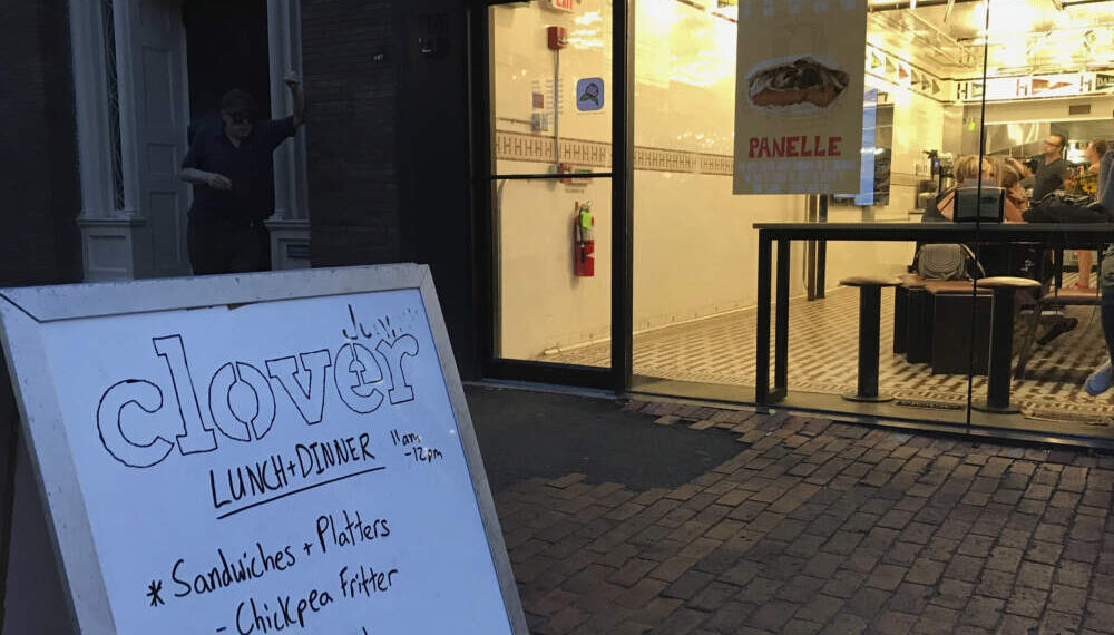 The storefront of a Clover Fast Food restaurant at Harvard Square in Cambridge in 2018. (Sarah Betancourt/AP)
