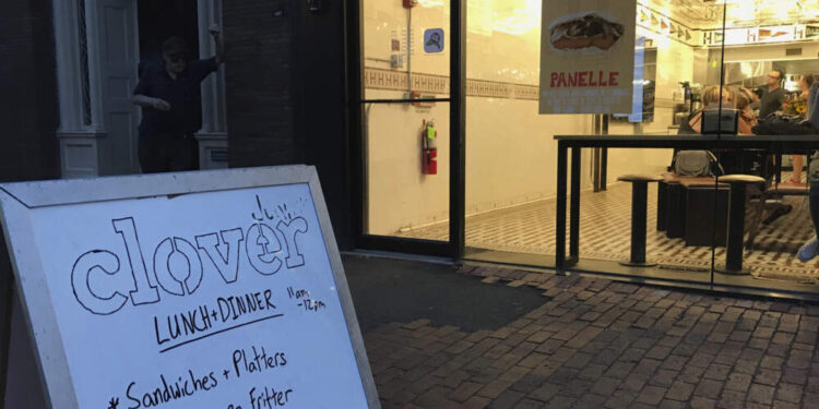 The storefront of a Clover Fast Food restaurant at Harvard Square in Cambridge in 2018. (Sarah Betancourt/AP)