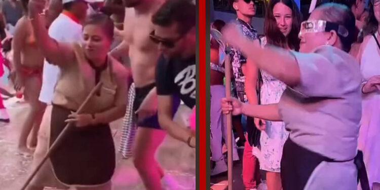 Empleada de limpieza de hotel de Cancún pone el ambiente en plena 'Pool Party'