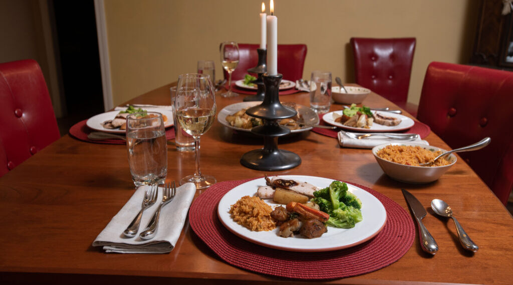 dinner table set for a holiday meal with candles in the middle