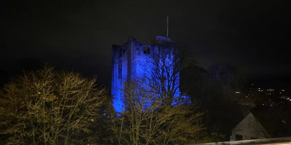 Magical Surrey restaurant overlooking illuminated castle with giant polar bear outside