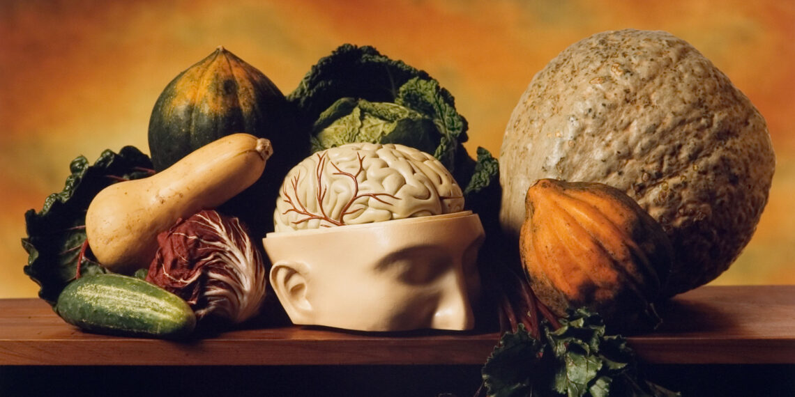 Plastic brain on a table surrounded by food