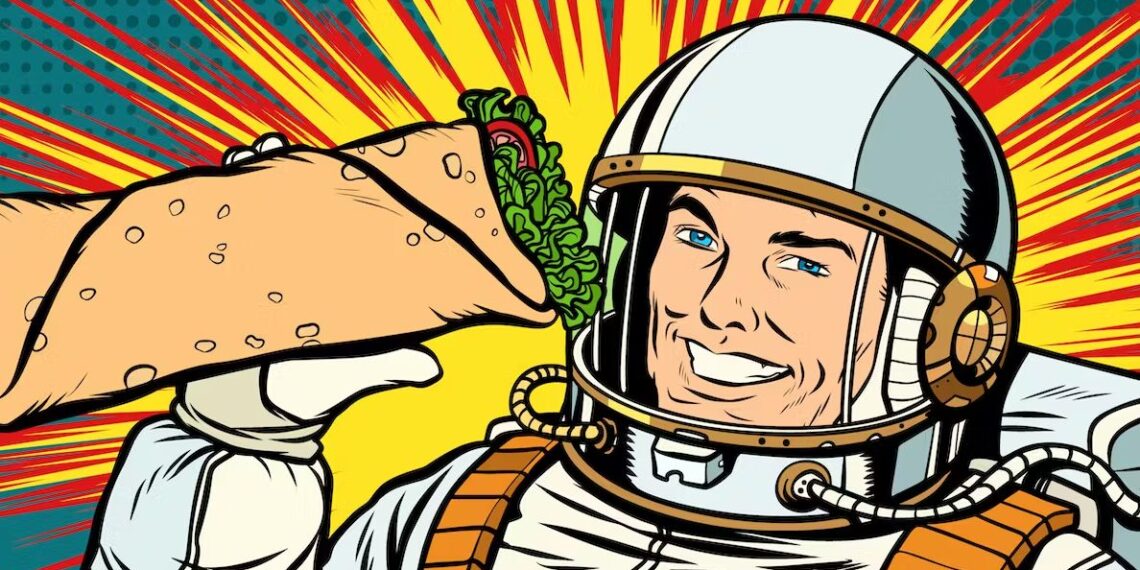 cartoon of an astronaut holding a burrito with a comic book-like shazzaam shape behind him.