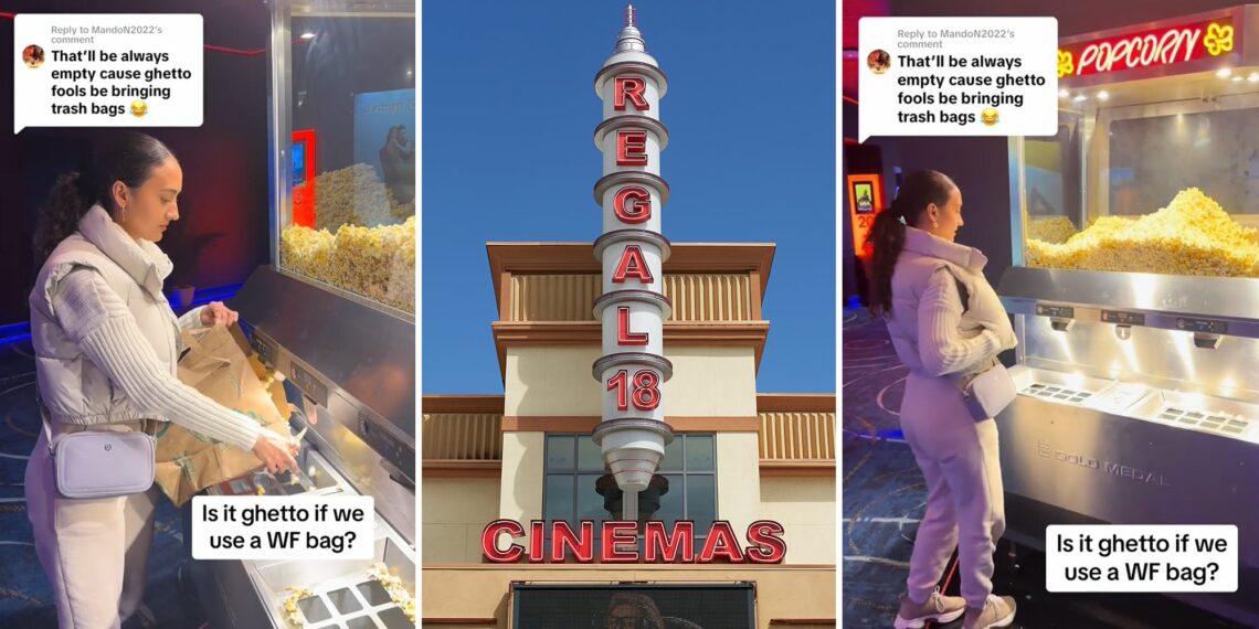 Woman Fills up Whole Foods Bag With Popcorn at Regal Cinemas