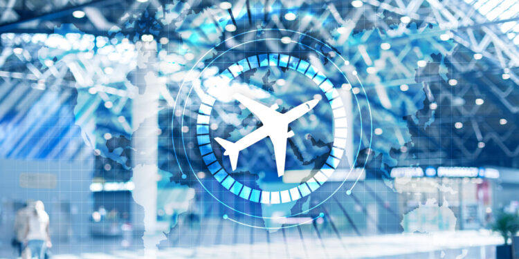 Airplane icon on virtual screen. Airplane transportation route network concept. Business Travel Background