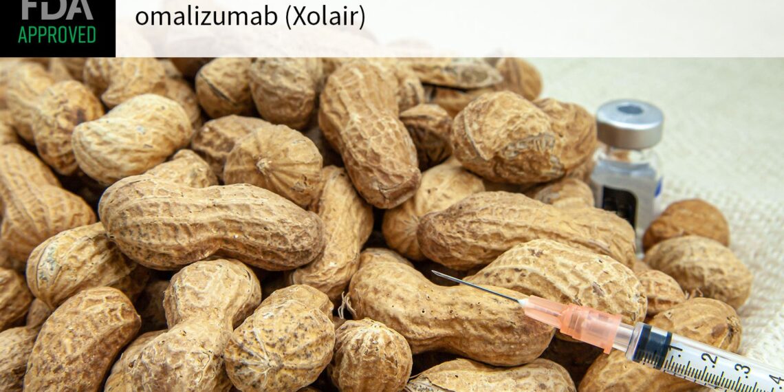 FDA APPROVED omalizumab (Xolair) over a photo of a syringe and vial laying on and next to a pile of peanuts