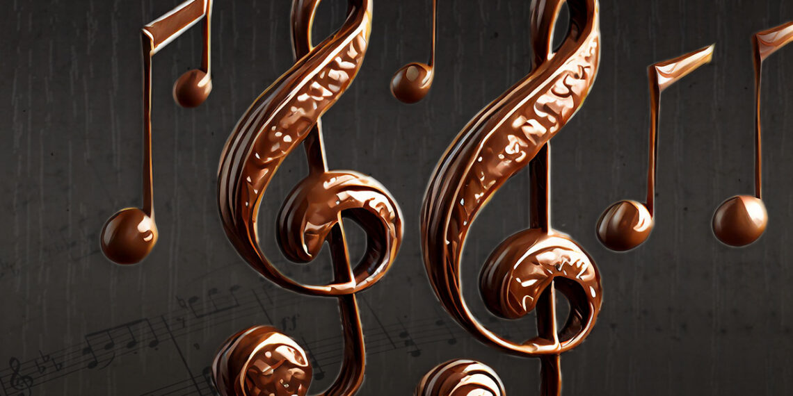 Music notes made of chocolate and a faded background of sheet music.