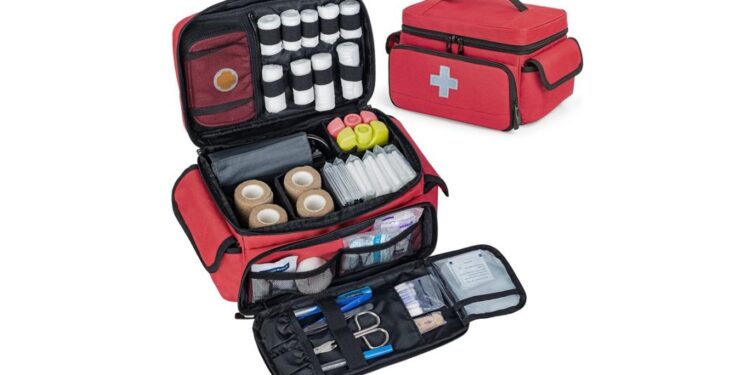 CURMIO Maleta de primeros auxilios, Bolsa para Emergencias con Mini Bolsa de Medicina, Botiquín de primeros auxilios, Bolsa médica para el Viaje y Hogar, Rojo (Patente Pendiente)