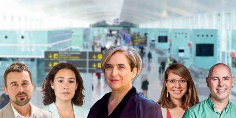 Fotomontaje con Ada Colau junto a los exconcejales Marc Serra, Laura Pérez, Janet Sanz y Eloi Badia