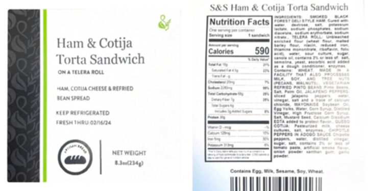 MG Foods recalling Ham & Cotija Torta Sandwiches on Telera Roll distributed in Florida â WFTV