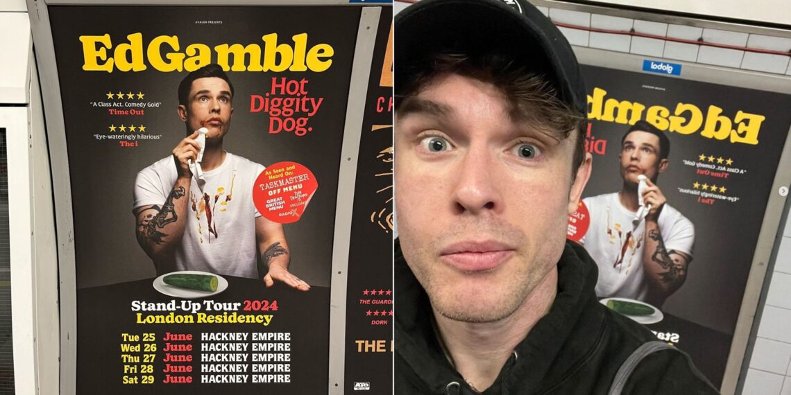 Ed Gamble: Comedian swaps hot dog for cucumber on tour posters after falling foul of TfL's ad rules on junk food | Ents & Arts News