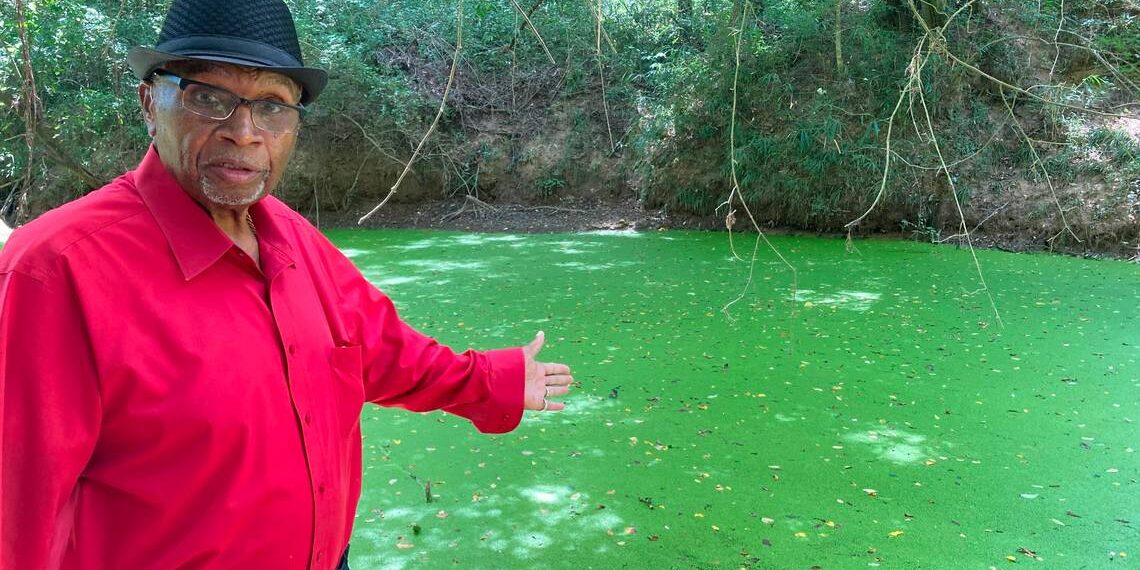The Rev. Aaron Walker is among Saluda County residents distraught that pollution has turned a popular clear-running creek into a slimy, foul-smelling stream with unsafe levels of bacteria. Mine Creek is downstream from a dog food plant that is under state investigation. In this photo, taken Aug. 10, 2023, Walker points out the scum that has clogged the creek since May.