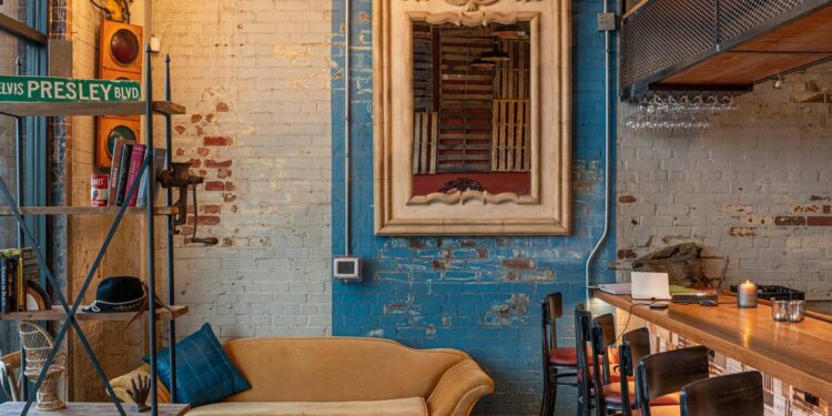 The interior of Leah & Louise is styled like a Memphis-style juke joint.
