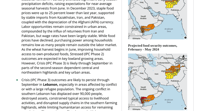 Middle East and Asia - Food Security Outlook: Elevated assistance needs driven by poor economic conditions and conflict, February - September 2024 - Afghanistan