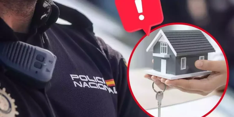 Imagen de fondo de un agente de la Policía Nacional y otra imagen de una persona con una maqueta pequeña de una casa en las manos y unas llaves, además de un emoticono de una exclamación