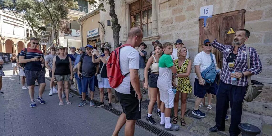 Un guía junto a un grupo de turistas en el centro de Palma.