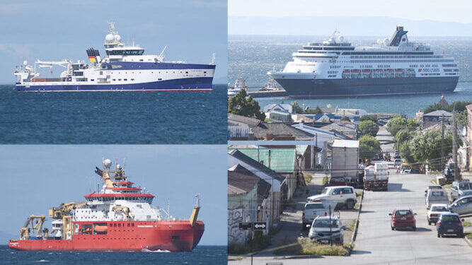 Buques científicos y cruceros en la bahía de Punta Arenas