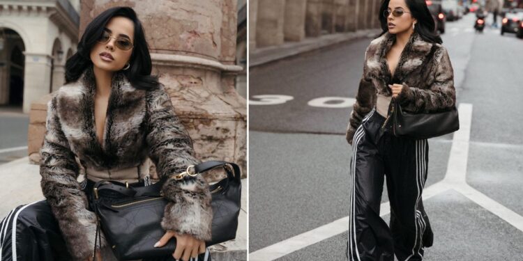 Becky G lleva la nueva bolsa D-Journey de Dior con pants y botas en París