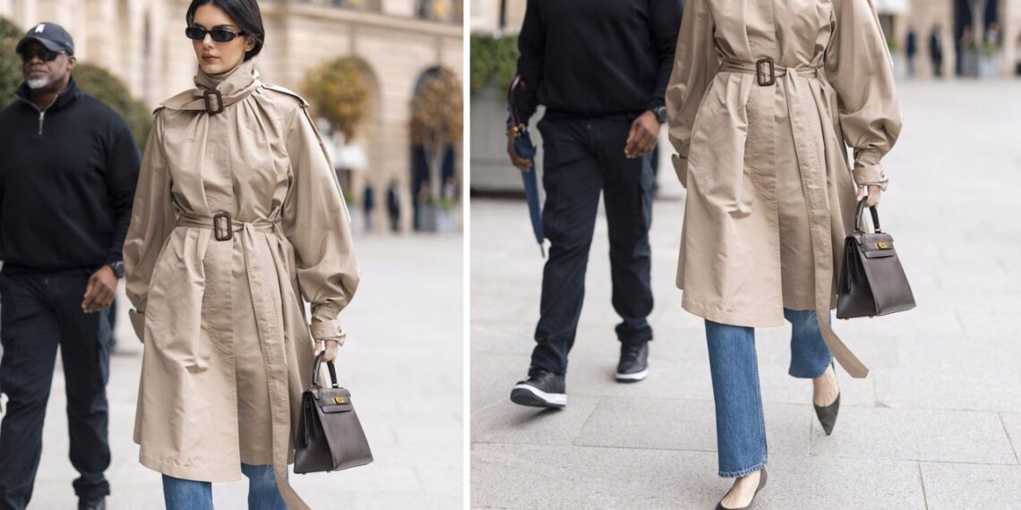 Kendall Jenner combina a la perfección los jeans rectos clásicos con zapatos de tacón kitten en primavera 2025