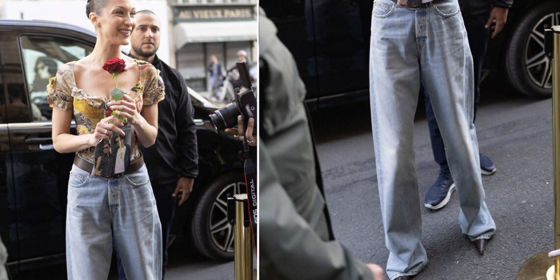 Jeans baggy, zapatos pumps y blusa estampada, el look fresco de Bella Hadid